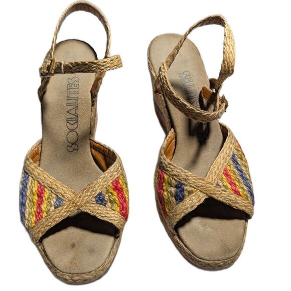 Vtg 1970s Socialites Rainbow Jute Buckling Ankle Strap Espadrille Sandals Sz 6 - Picture 2 of 5